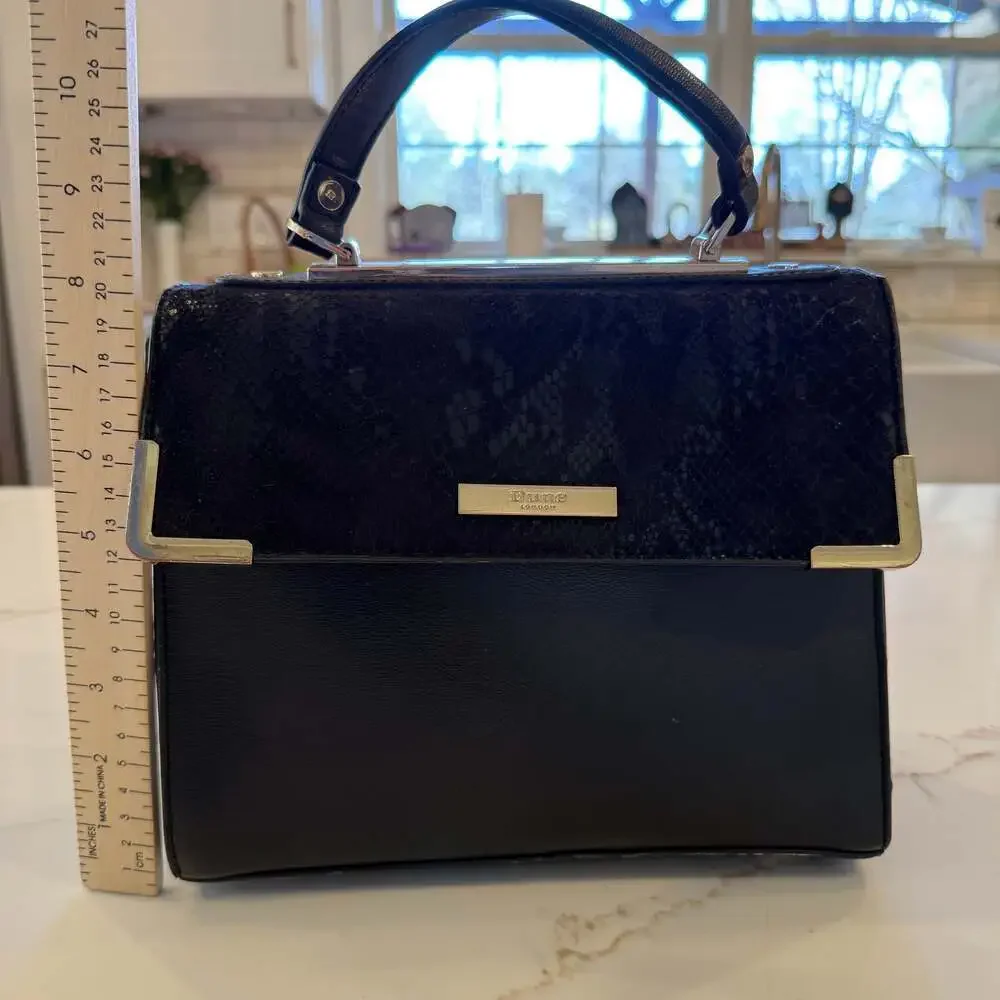 Dune London Black Structured Satchel with Faux Snakeskin Flap and Gold Hardware
